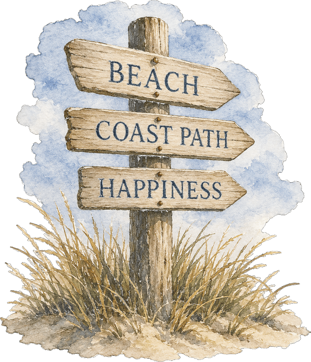 Wooden signpost reading Beach, Coast Path, Happiness